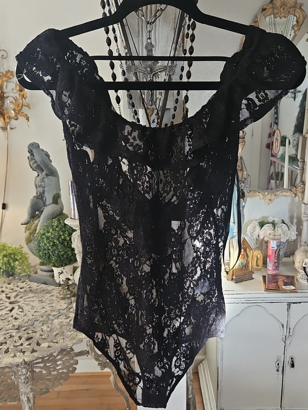 NWT bleuh ciel Black Lace Off-Shoulder Bodysuit